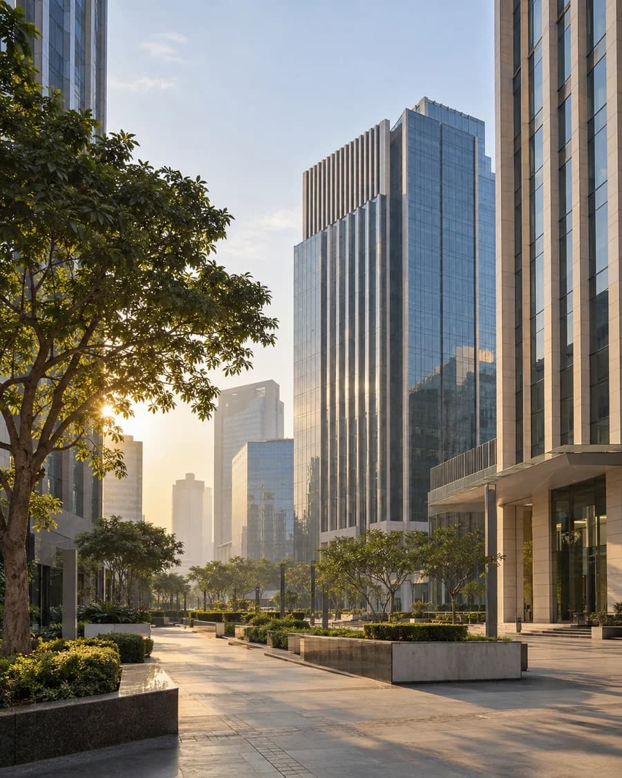 Contemporary commercial architecture with a landscaped plaza, architectural concept
