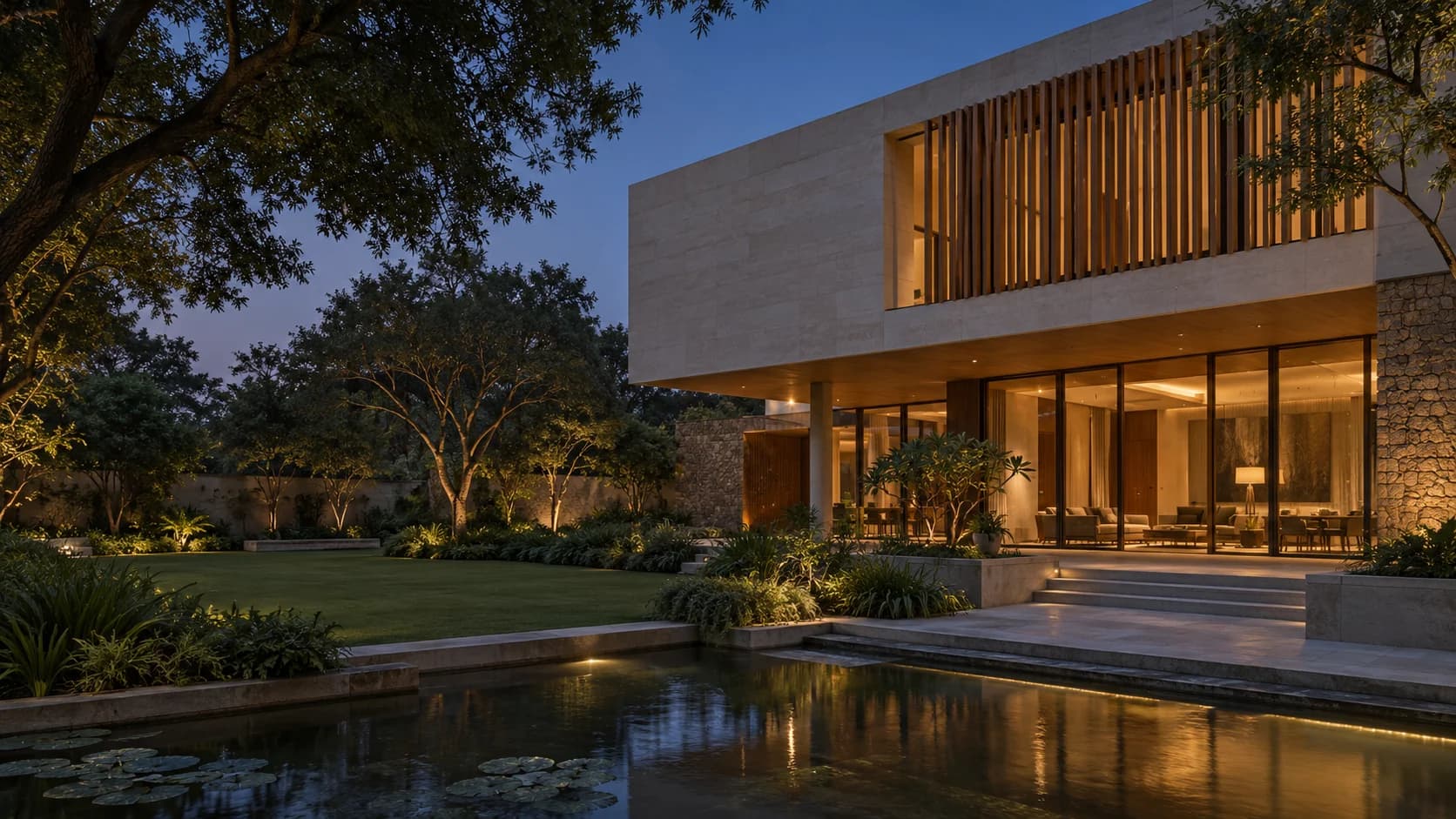 Sculptural courtyard residence surrounded by lush tropical gardens
