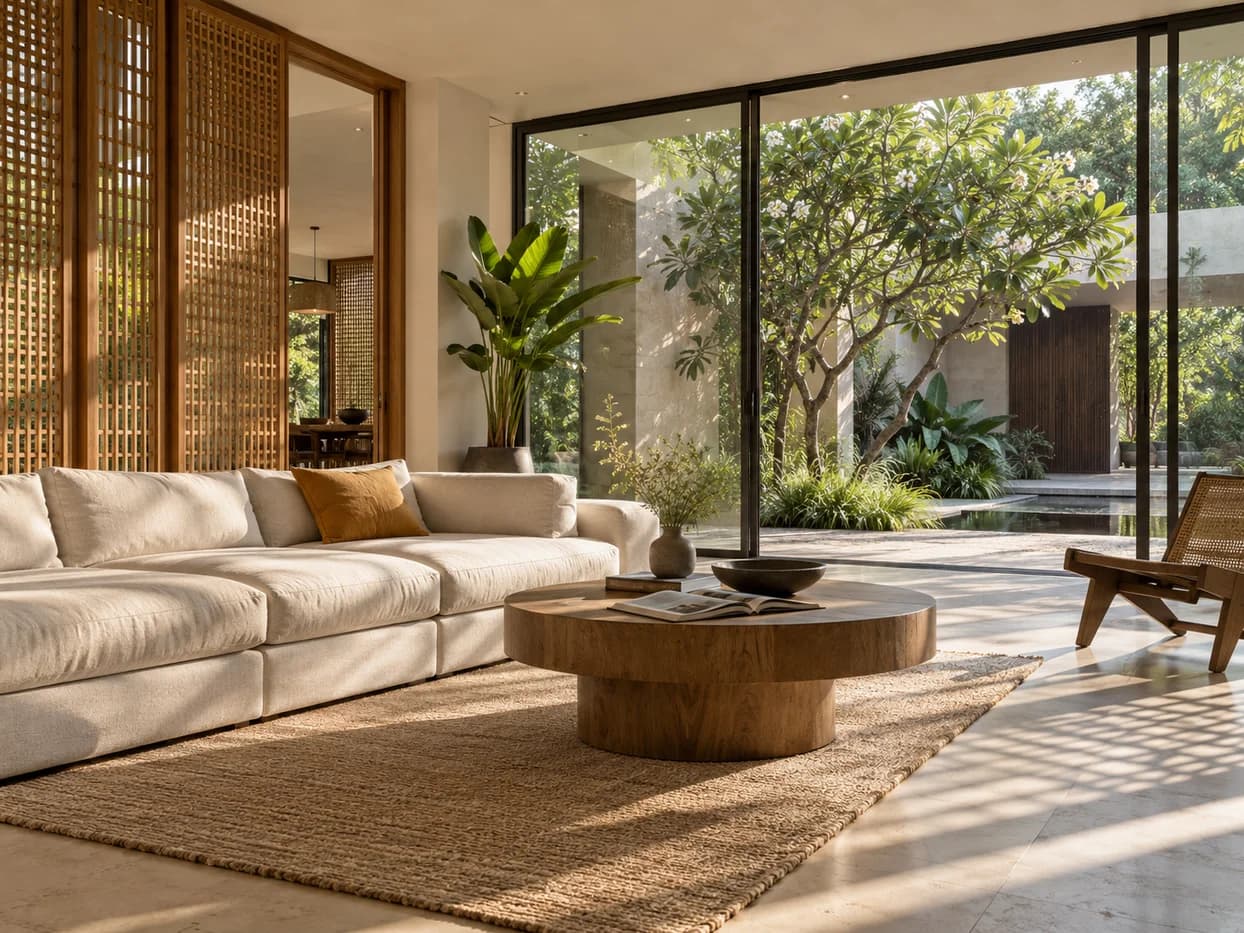 A sunlit living room opening onto a garden, architectural concept